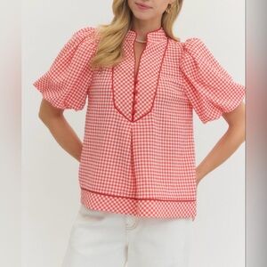 entro Red Gingham Puff-Sleeve Blouse with Contrast Trim